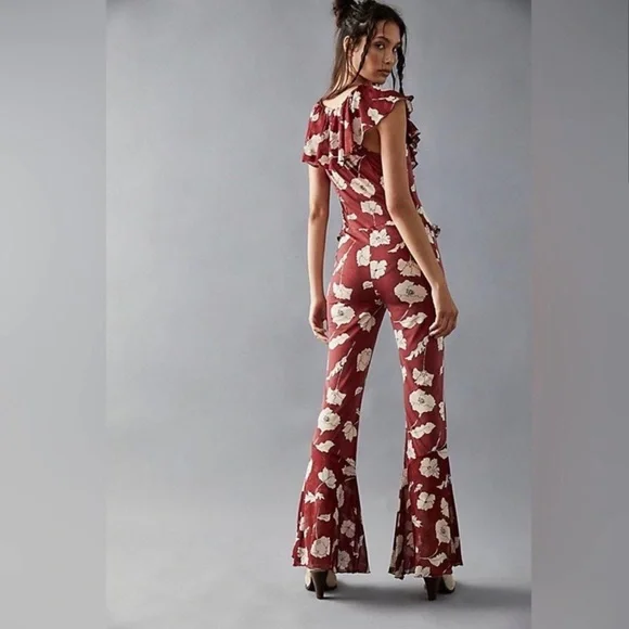 Free People Austyn One Piece Washed Red Combo jumpsuit size large new - Picture 2 of 5